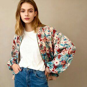 $630 NWOT Johnny Was Reversible Silk Floral Multicolor Boho Zipper Jacket Size S